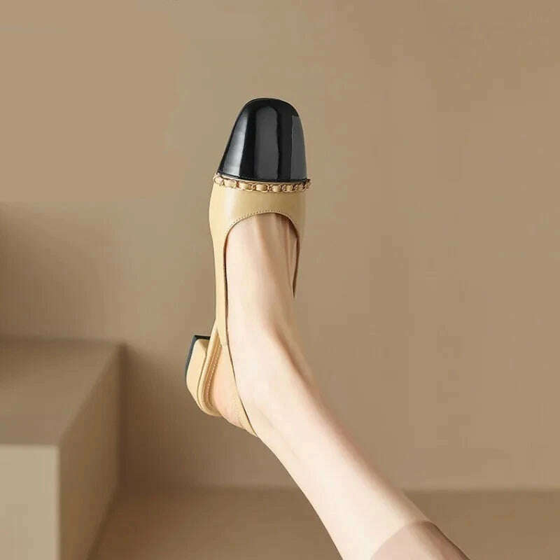 KIMLUD, Size 33-43 Women Genuine Leather Slingbacks Shoes Designer Metal Chain Mix-color Block Heels Buckle Pumps Ladies Spring, KIMLUD Womens Clothes