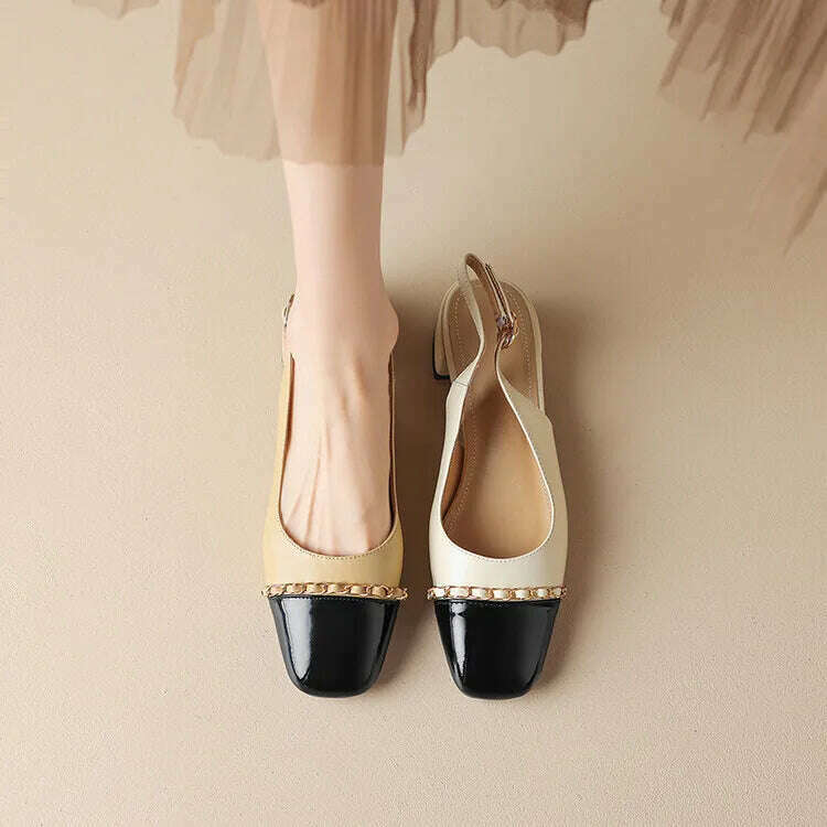 KIMLUD, Size 33-43 Women Genuine Leather Slingbacks Shoes Designer Metal Chain Mix-color Block Heels Buckle Pumps Ladies Spring, KIMLUD Womens Clothes