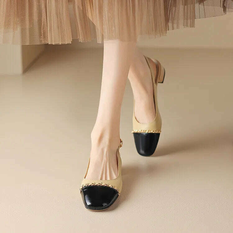 KIMLUD, Size 33-43 Women Genuine Leather Slingbacks Shoes Designer Metal Chain Mix-color Block Heels Buckle Pumps Ladies Spring, KIMLUD Womens Clothes