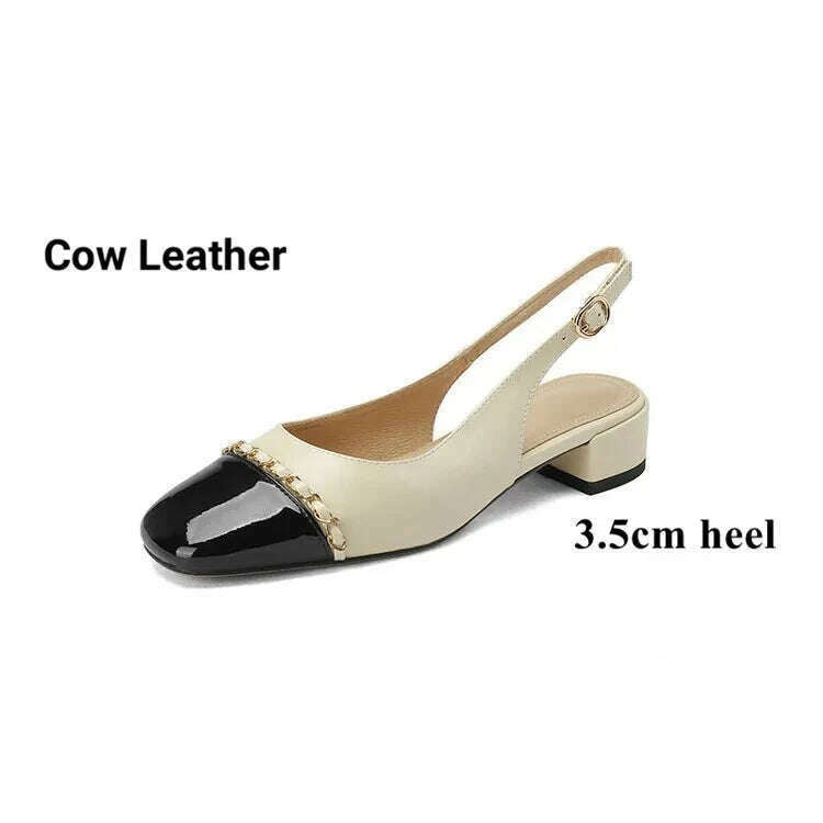 KIMLUD, Size 33-43 Women Genuine Leather Slingbacks Shoes Designer Metal Chain Mix-color Block Heels Buckle Pumps Ladies Spring, KIMLUD Womens Clothes