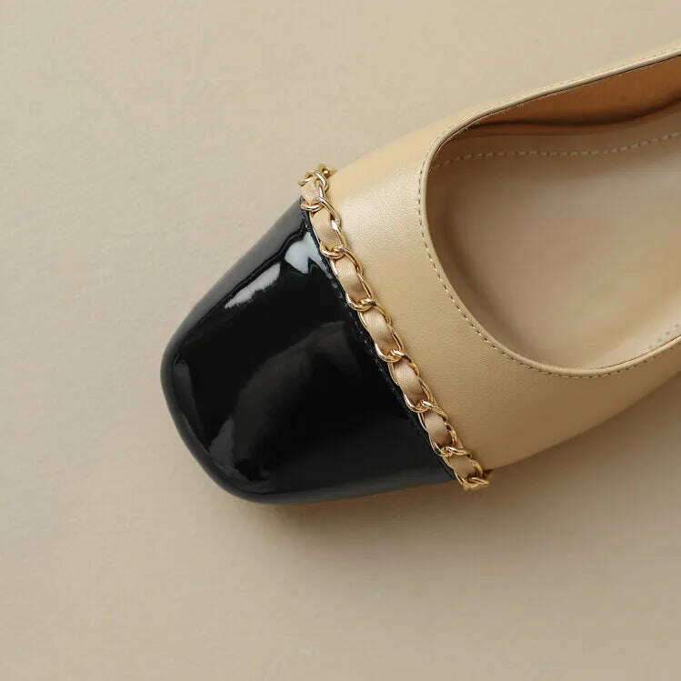 KIMLUD, Size 33-43 Women Genuine Leather Slingbacks Shoes Designer Metal Chain Mix-color Block Heels Buckle Pumps Ladies Spring, KIMLUD Womens Clothes