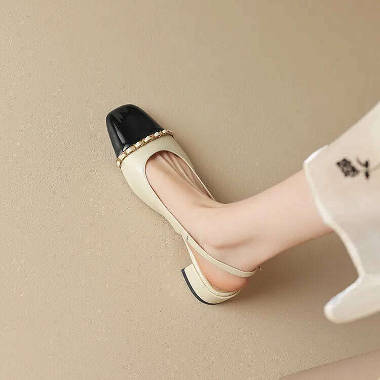 KIMLUD, Size 33-43 Women Genuine Leather Slingbacks Shoes Designer Metal Chain Mix-color Block Heels Buckle Pumps Ladies Spring, KIMLUD Womens Clothes