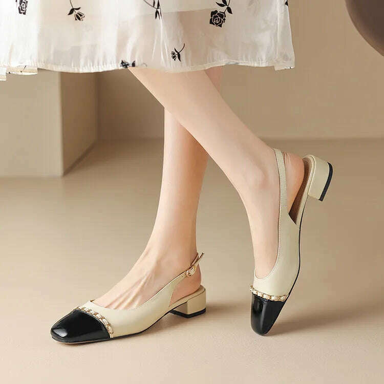 KIMLUD, Size 33-43 Women Genuine Leather Slingbacks Shoes Designer Metal Chain Mix-color Block Heels Buckle Pumps Ladies Spring, KIMLUD Womens Clothes