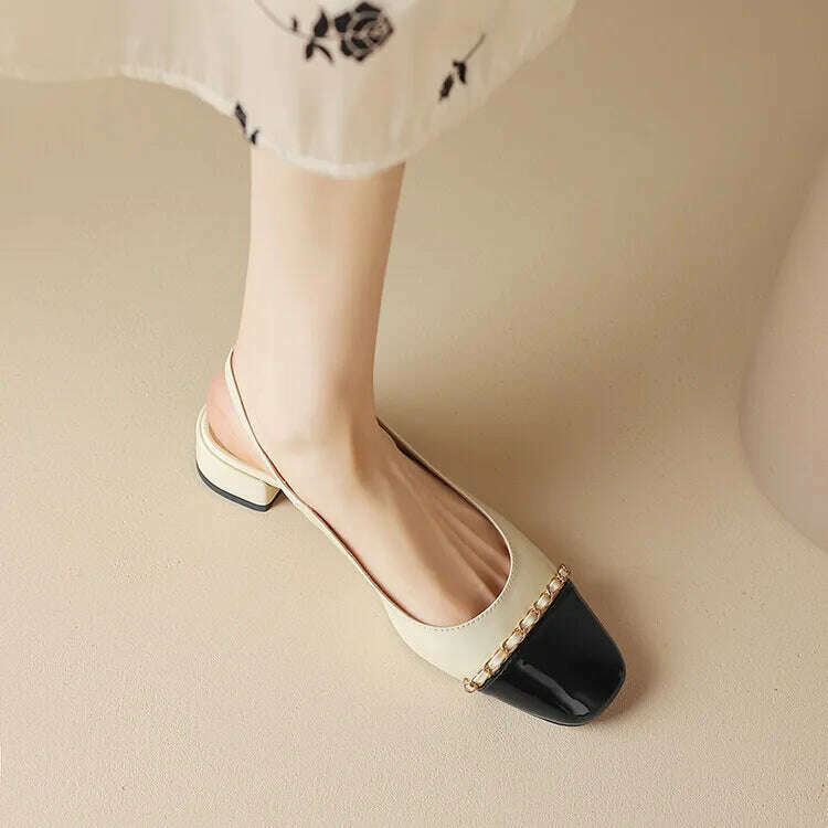 KIMLUD, Size 33-43 Women Genuine Leather Slingbacks Shoes Designer Metal Chain Mix-color Block Heels Buckle Pumps Ladies Spring, KIMLUD Womens Clothes