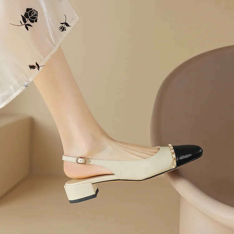 KIMLUD, Size 33-43 Women Genuine Leather Slingbacks Shoes Designer Metal Chain Mix-color Block Heels Buckle Pumps Ladies Spring, KIMLUD Womens Clothes