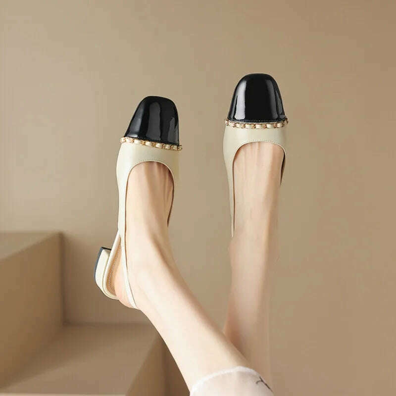 KIMLUD, Size 33-43 Women Genuine Leather Slingbacks Shoes Designer Metal Chain Mix-color Block Heels Buckle Pumps Ladies Spring, KIMLUD Womens Clothes