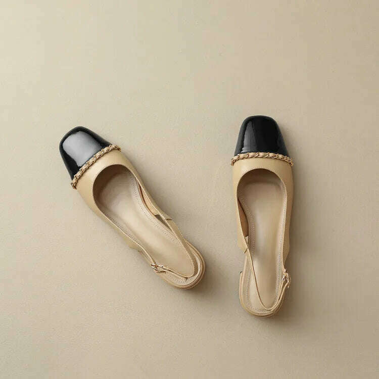 KIMLUD, Size 33-43 Women Genuine Leather Slingbacks Shoes Designer Metal Chain Mix-color Block Heels Buckle Pumps Ladies Spring, KIMLUD Womens Clothes