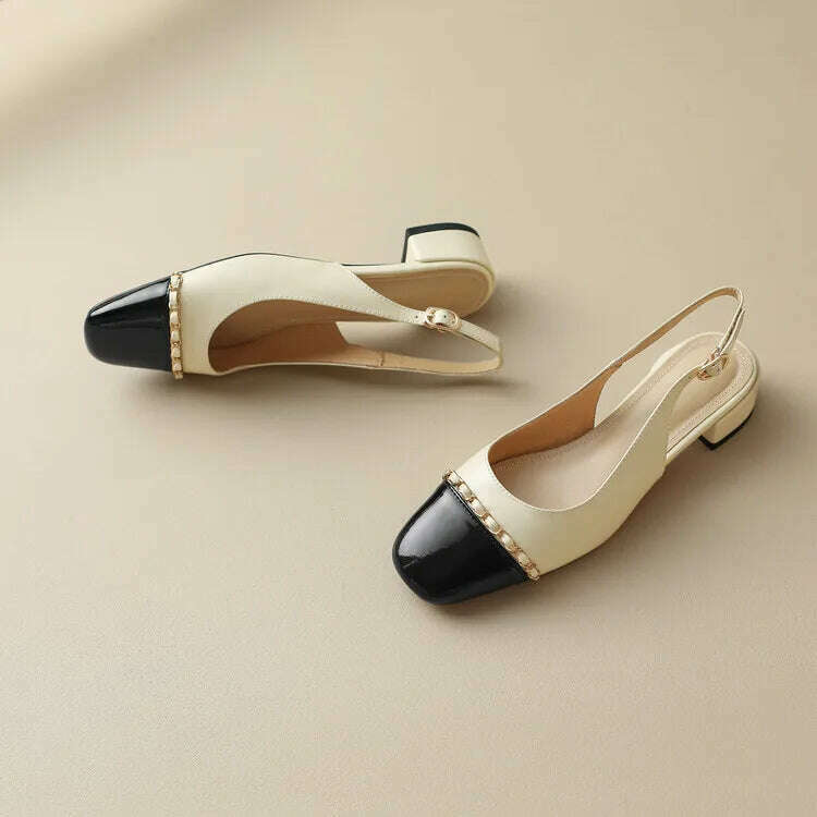 KIMLUD, Size 33-43 Women Genuine Leather Slingbacks Shoes Designer Metal Chain Mix-color Block Heels Buckle Pumps Ladies Spring, KIMLUD Womens Clothes