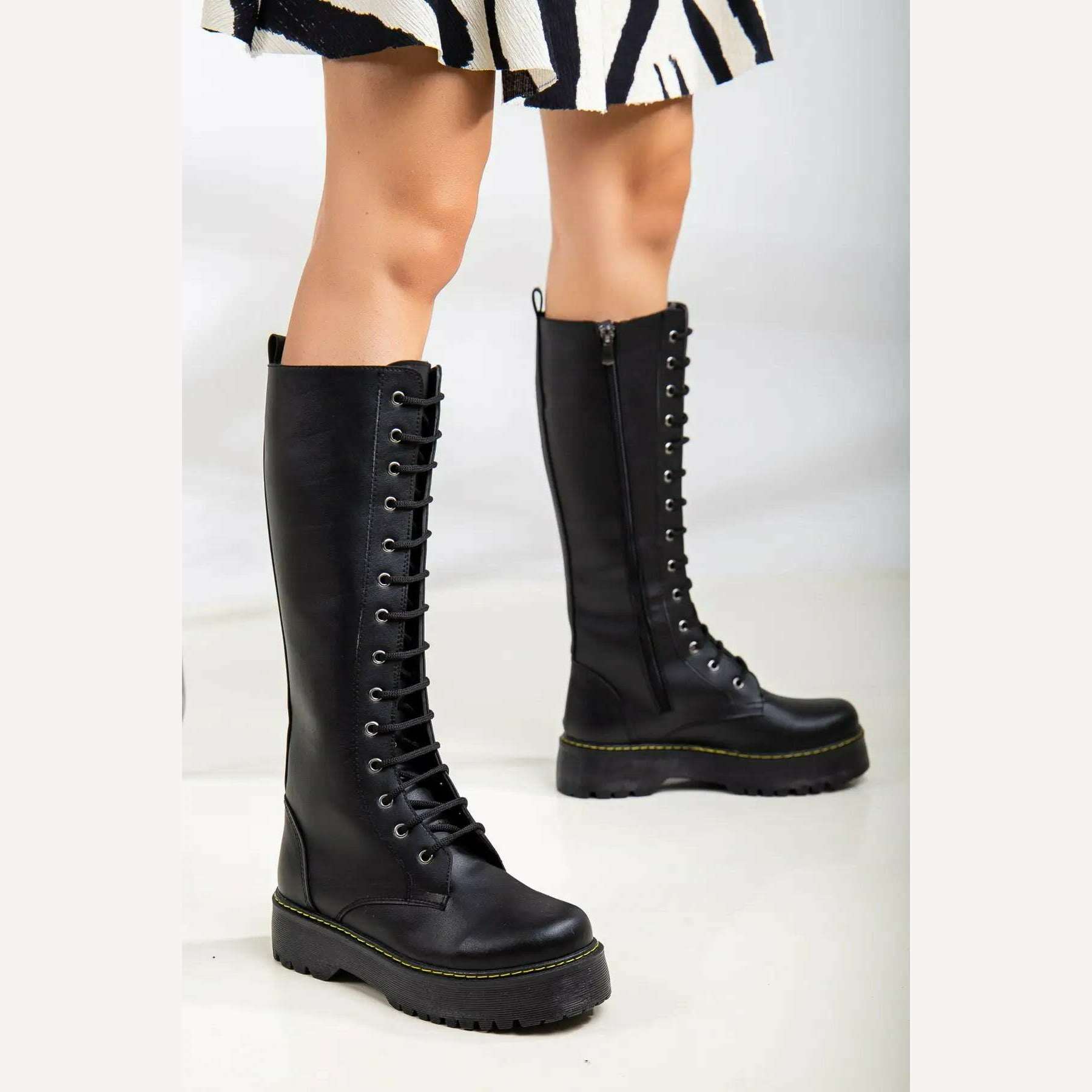 KIMLUD, (Odal Shoes) Leather Women's Long Lace-up Zipper Non-Slip Sole Boots 00121601, Черный / 36, KIMLUD Women's Clothes
