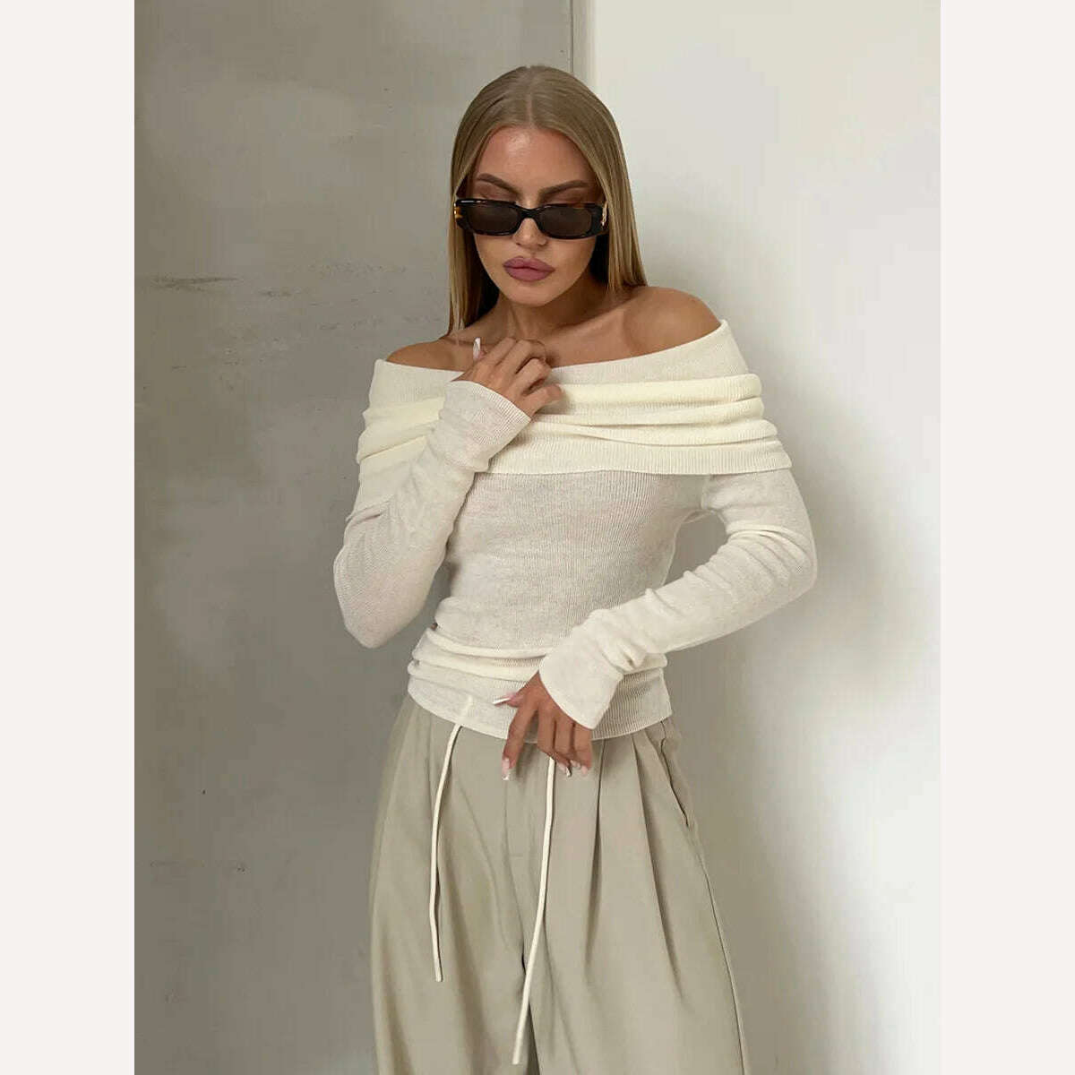 Off Shoulder Sweater Women Winter Wool Cashmere Sweater Slash Neck Long Sleeve Knitted Top Female Jumper Sweaters Knitwear - KIMLUD