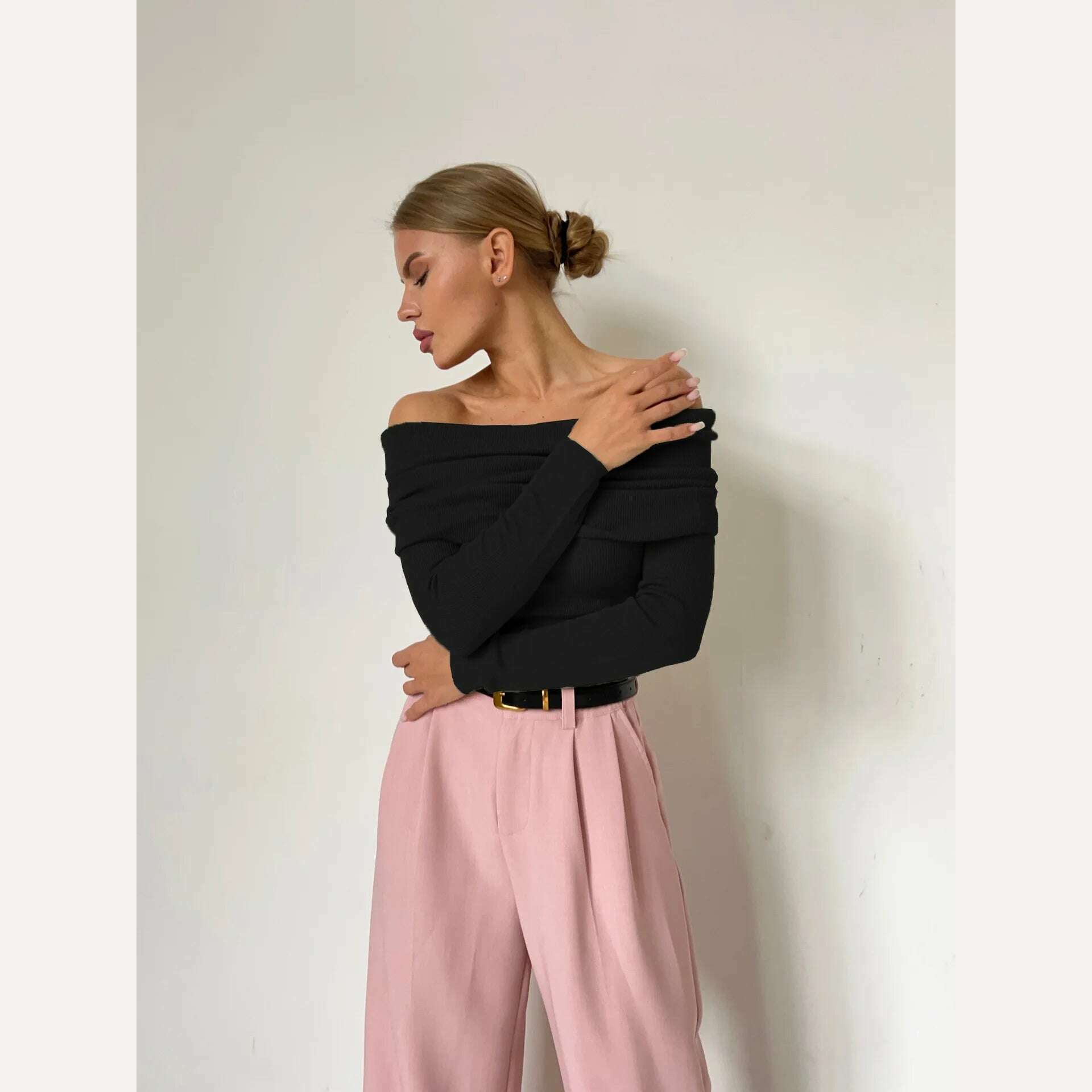 KIMLUD, Off Shoulder Sweater Women Winter Wool Cashmere Sweater Slash Neck Long Sleeve Knitted Top Female Jumper Sweaters Knitwear, KIMLUD Womens ClothesKIMLUD, Off Shoulder Sweater Women Winter Wool Cashmere Sweater Slash Neck Long Sleeve Knitted Top Female Jumper Sweaters Knitwear, black / S, KIMLUD APPAREL - Womens Clothes