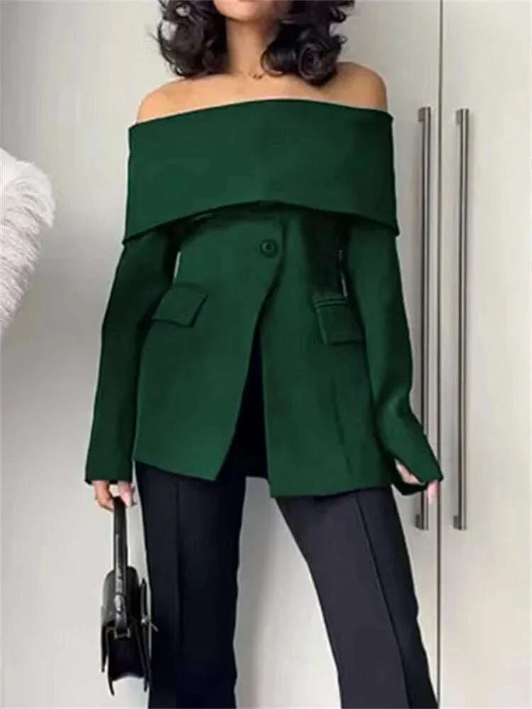 Off-The-Shoulder Coats & Jackets Zipper Front - Solid Color | KIMLUD