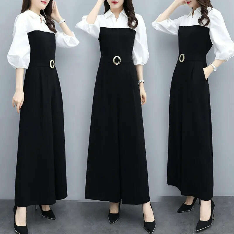 Office Lady Fashion Solid Color Spliced Jumpsuits Summer Female 3/4 Sleeve Casual High Waist Wide Leg Jumpsuits Women's Clothing - KIMLUD
