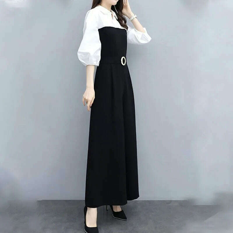 Office Lady Fashion Solid Color Spliced Jumpsuits Summer Female 3/4 Sleeve Casual High Waist Wide Leg Jumpsuits Women's Clothing - KIMLUD