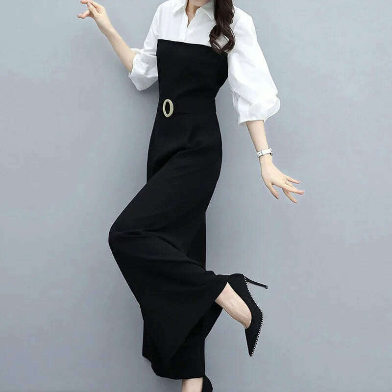 Office Lady Fashion Solid Color Spliced Jumpsuits Summer Female 3/4 Sleeve Casual High Waist Wide Leg Jumpsuits Women's Clothing - KIMLUD