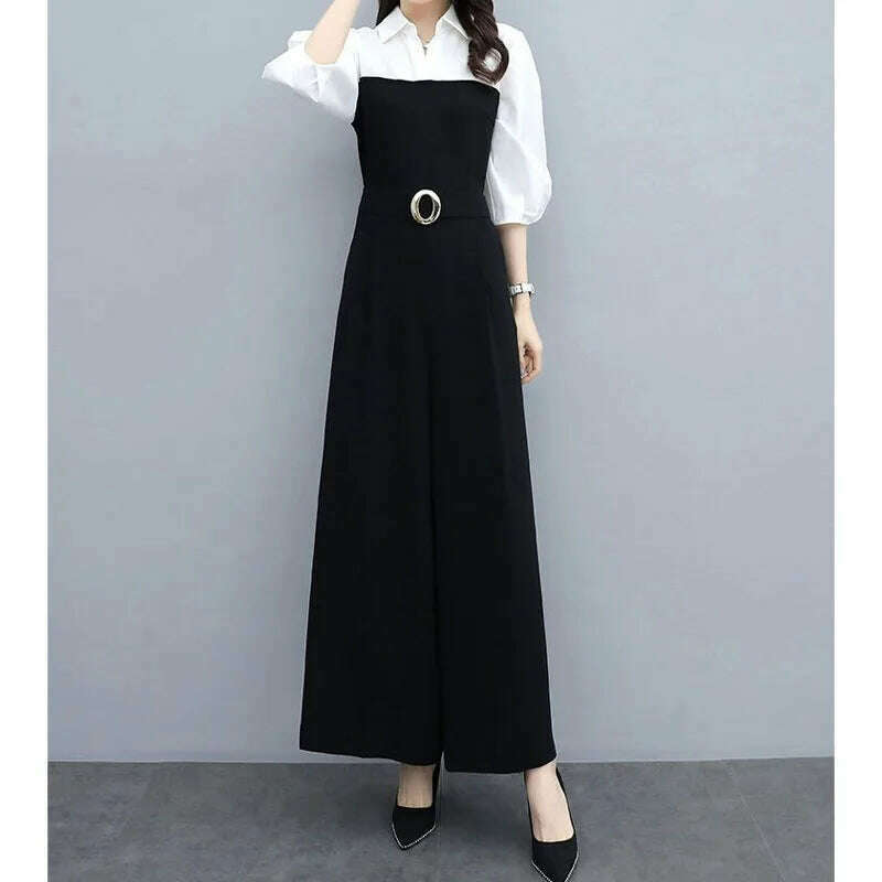 Office Lady Fashion Solid Color Spliced Jumpsuits Summer Female 3/4 Sleeve Casual High Waist Wide Leg Jumpsuits Women's Clothing - KIMLUD