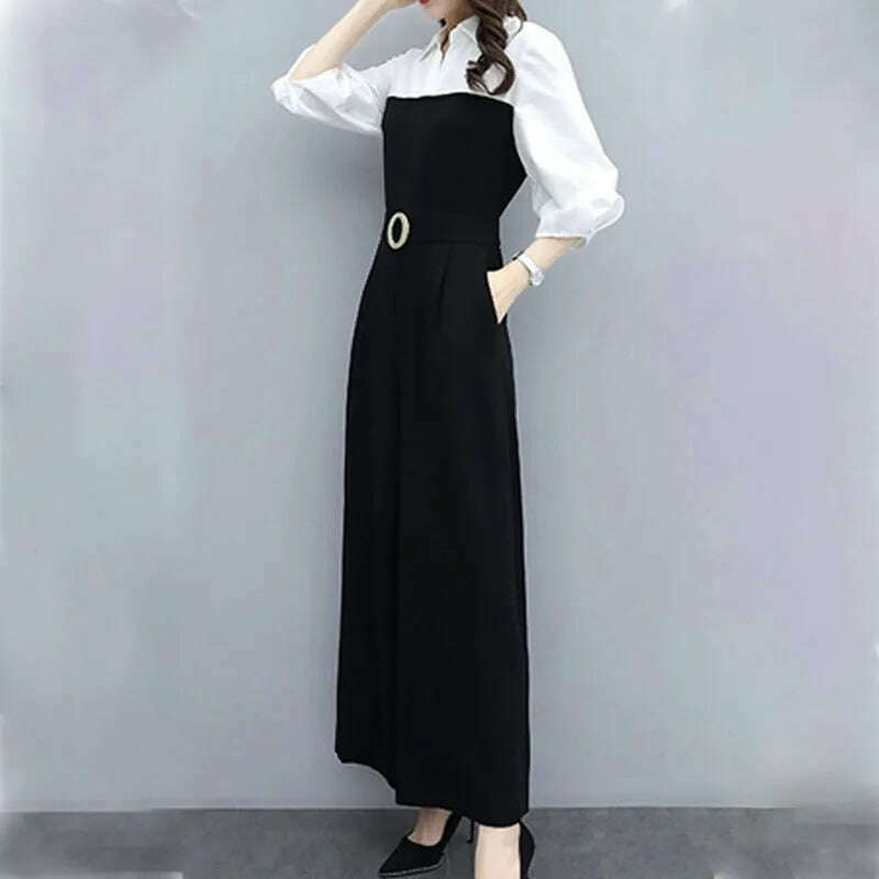 Office Lady Fashion Solid Color Spliced Jumpsuits Summer Female 3/4 Sleeve Casual High Waist Wide Leg Jumpsuits Women's Clothing - KIMLUD