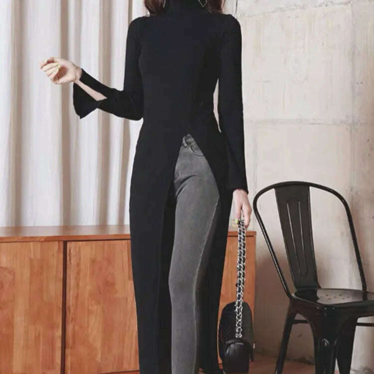 KIMLUD, Office Lady Fashion Women's High Collar Casual Split Solid Color Sleeveless Bodycon 2023 New Solid Color Long Dress T513, KIMLUD Womens Clothes