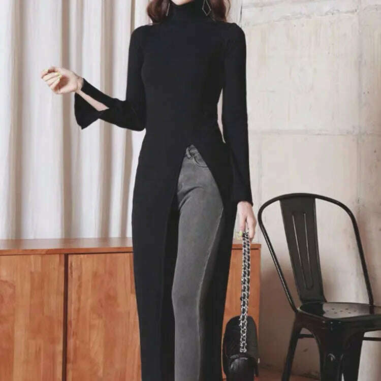 KIMLUD, Office Lady Fashion Women's High Collar Casual Split Solid Color Sleeveless Bodycon 2023 New Solid Color Long Dress T513, KIMLUD Womens ClothesKIMLUD, Office Lady Fashion Women's High Collar Casual Split Solid Color Sleeveless Bodycon 2023 New Solid Color Long Dress T513, Black / S, KIMLUD APPAREL - Womens Clothes