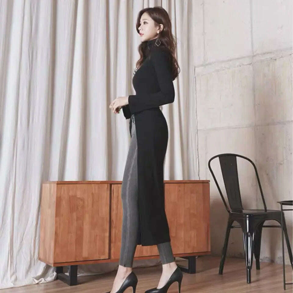 KIMLUD, Office Lady Fashion Women's High Collar Casual Split Solid Color Sleeveless Bodycon 2023 New Solid Color Long Dress T513, KIMLUD Womens Clothes