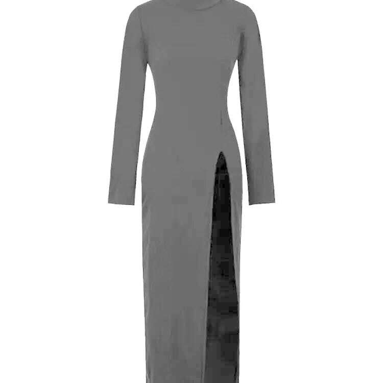 KIMLUD, Office Lady Fashion Women's High Collar Casual Split Solid Color Sleeveless Bodycon 2023 New Solid Color Long Dress T513, KIMLUD Womens Clothes