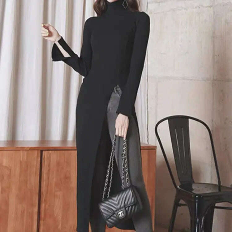 KIMLUD, Office Lady Fashion Women's High Collar Casual Split Solid Color Sleeveless Bodycon 2023 New Solid Color Long Dress T513, KIMLUD Womens Clothes