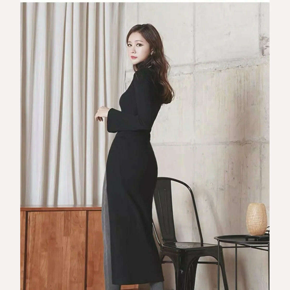 KIMLUD, Office Lady Fashion Women's High Collar Casual Split Solid Color Sleeveless Bodycon 2023 New Solid Color Long Dress T513, KIMLUD Womens Clothes