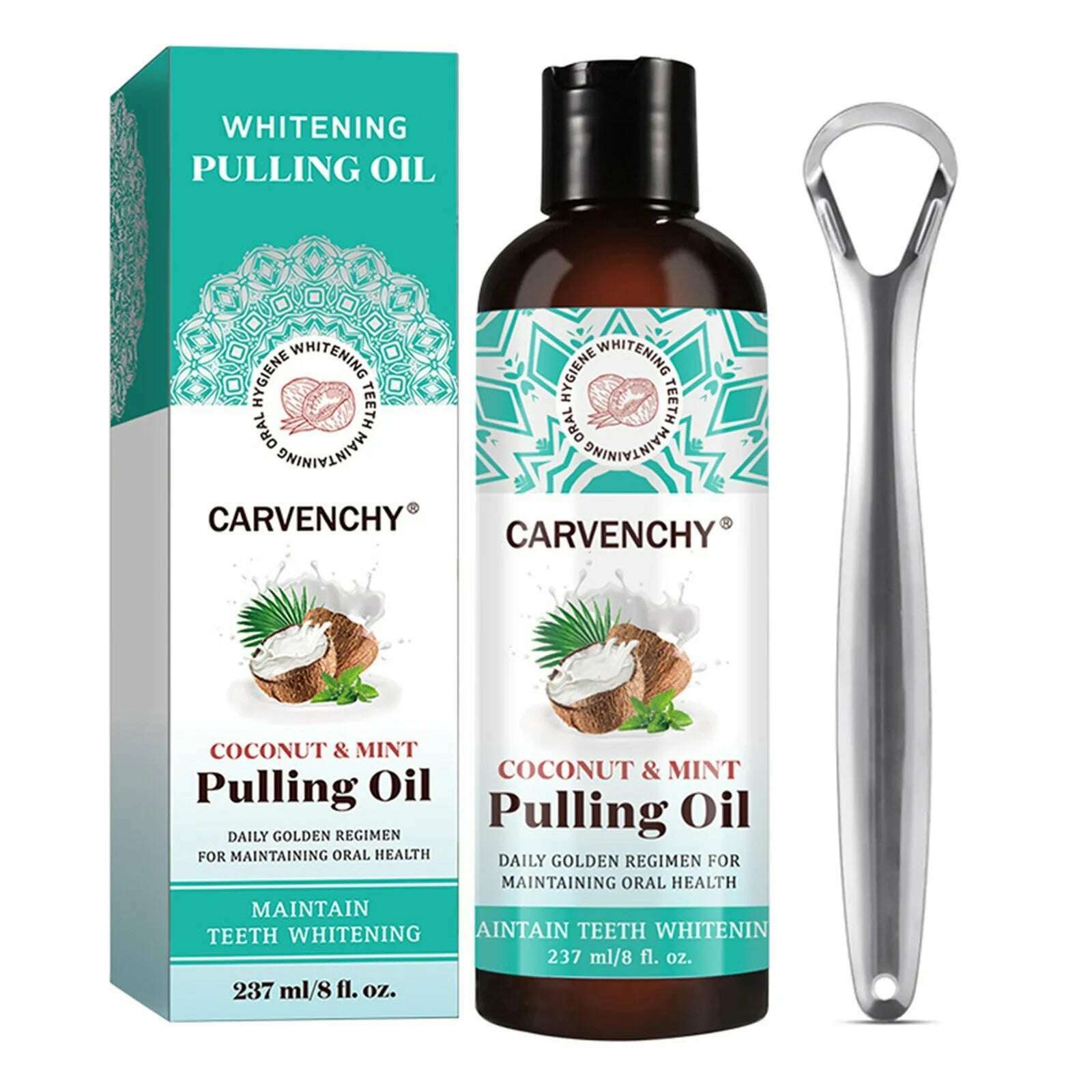 Oil Pulling With Oil Tongue Scraper Inside Free Mouthwash To Help With Fresh Breath, Teeth Whitening And Healthier Teeth 237ml - KIMLUD