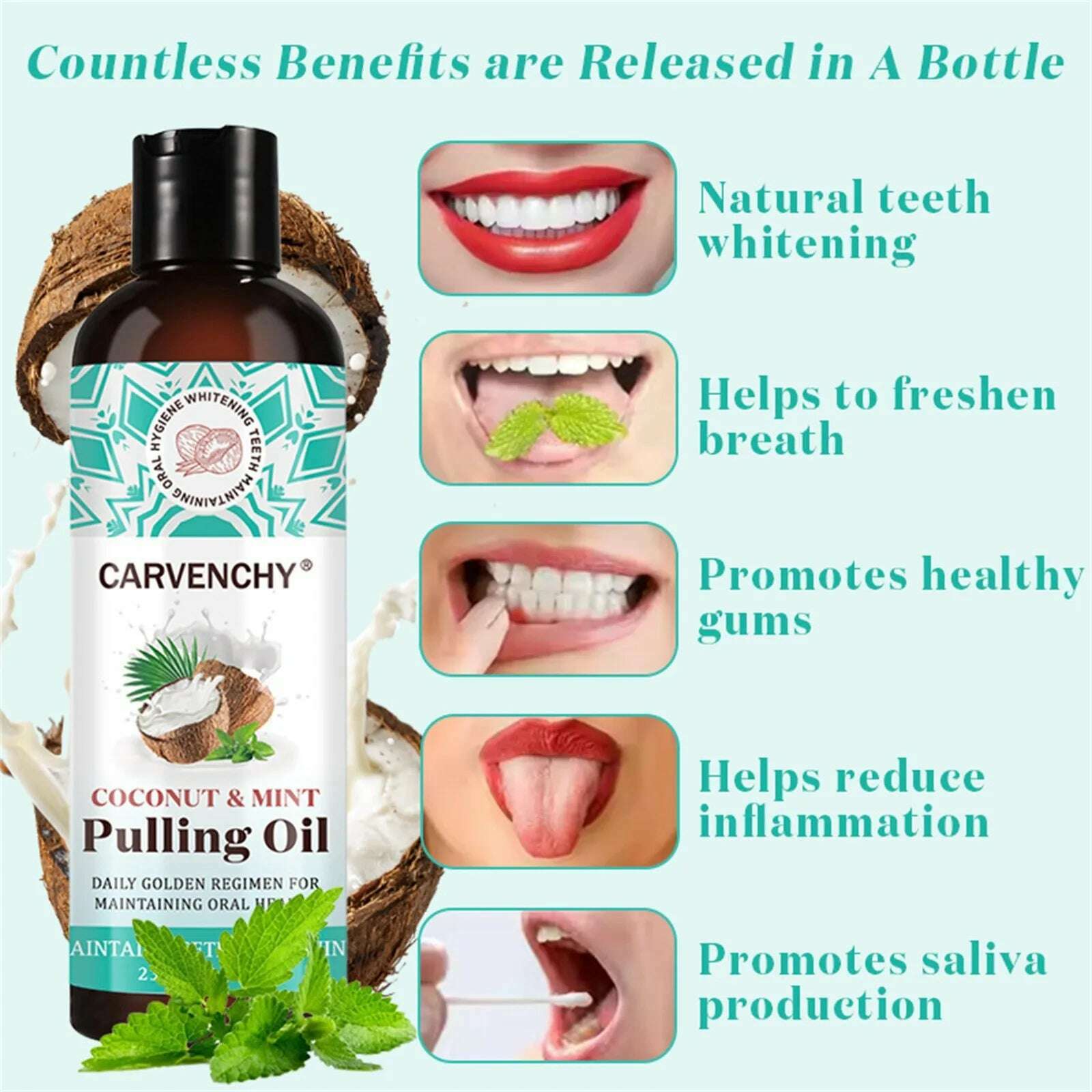 Oil Pulling With Oil Tongue Scraper Inside Free Mouthwash To Help With Fresh Breath, Teeth Whitening And Healthier Teeth 237ml - KIMLUD