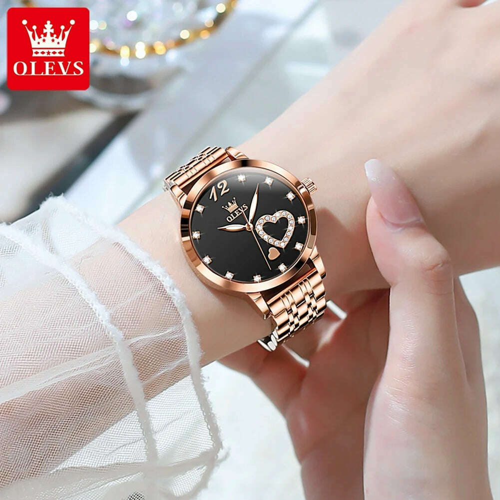 OLEVS 5189 Luxury Quartz Watch For Women Waterproof Luminous Stainless Steel Women's Watches Heart Shape Simple Dial Hand Clock - KIMLUD