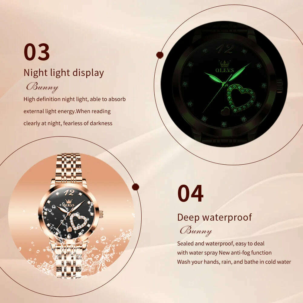 OLEVS 5189 Luxury Quartz Watch For Women Waterproof Luminous Stainless Steel Women's Watches Heart Shape Simple Dial Hand Clock - KIMLUD