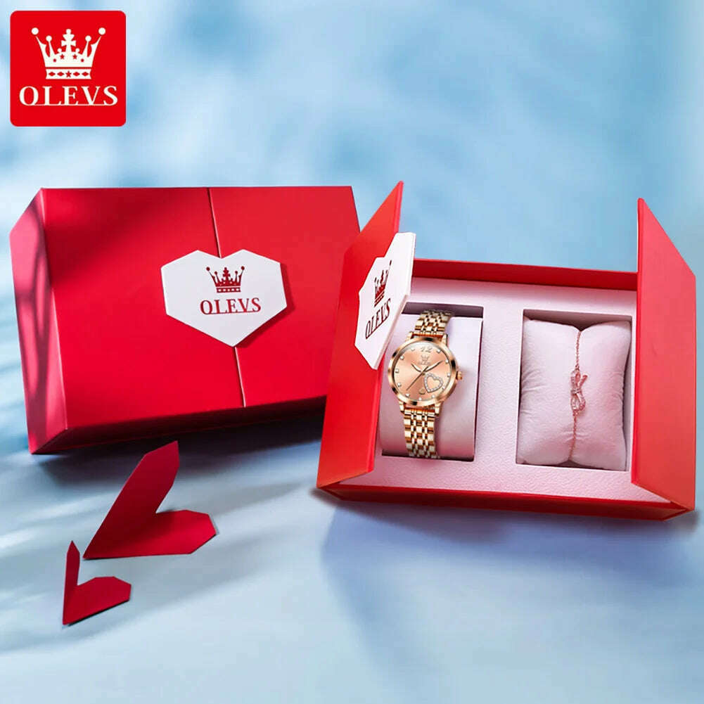 OLEVS 5189 Luxury Quartz Watch For Women Waterproof Luminous Stainless Steel Women's Watches Heart Shape Simple Dial Hand Clock - KIMLUD