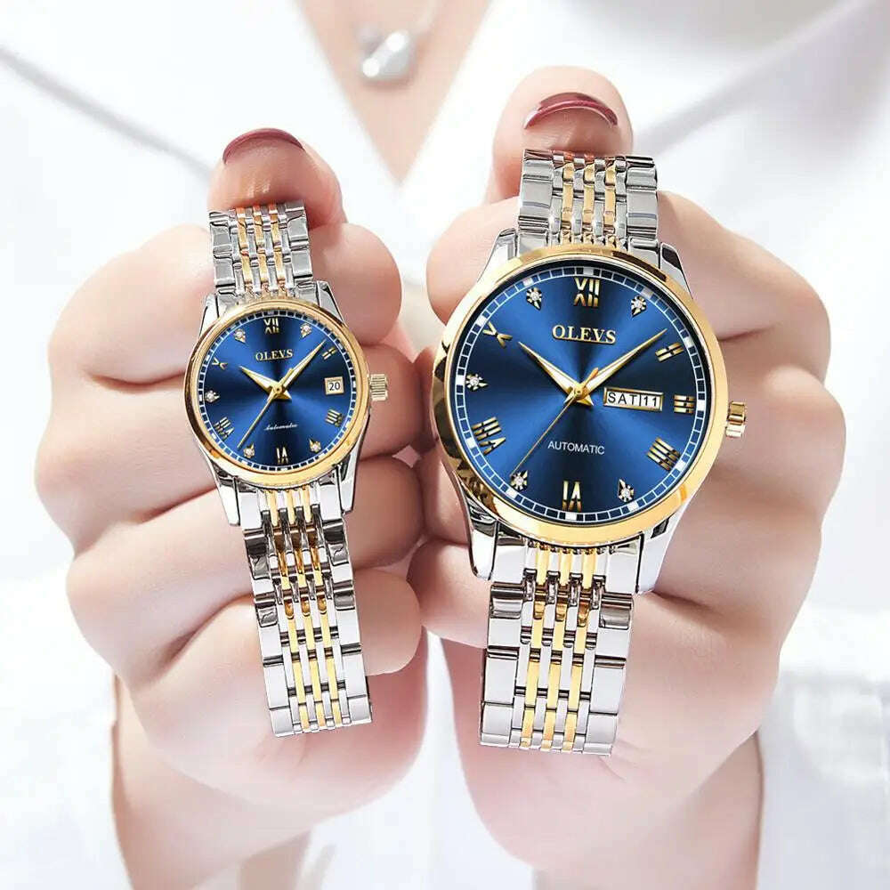 KIMLUD, OLEVS Couple Automatic Mechanical Watches Set for Her and Him Waterproof Men&#39;s And Women&#39;s Valentine&#39;s Day Watch Gift 6602 Hot, blue face / China, KIMLUD Womens Clothes