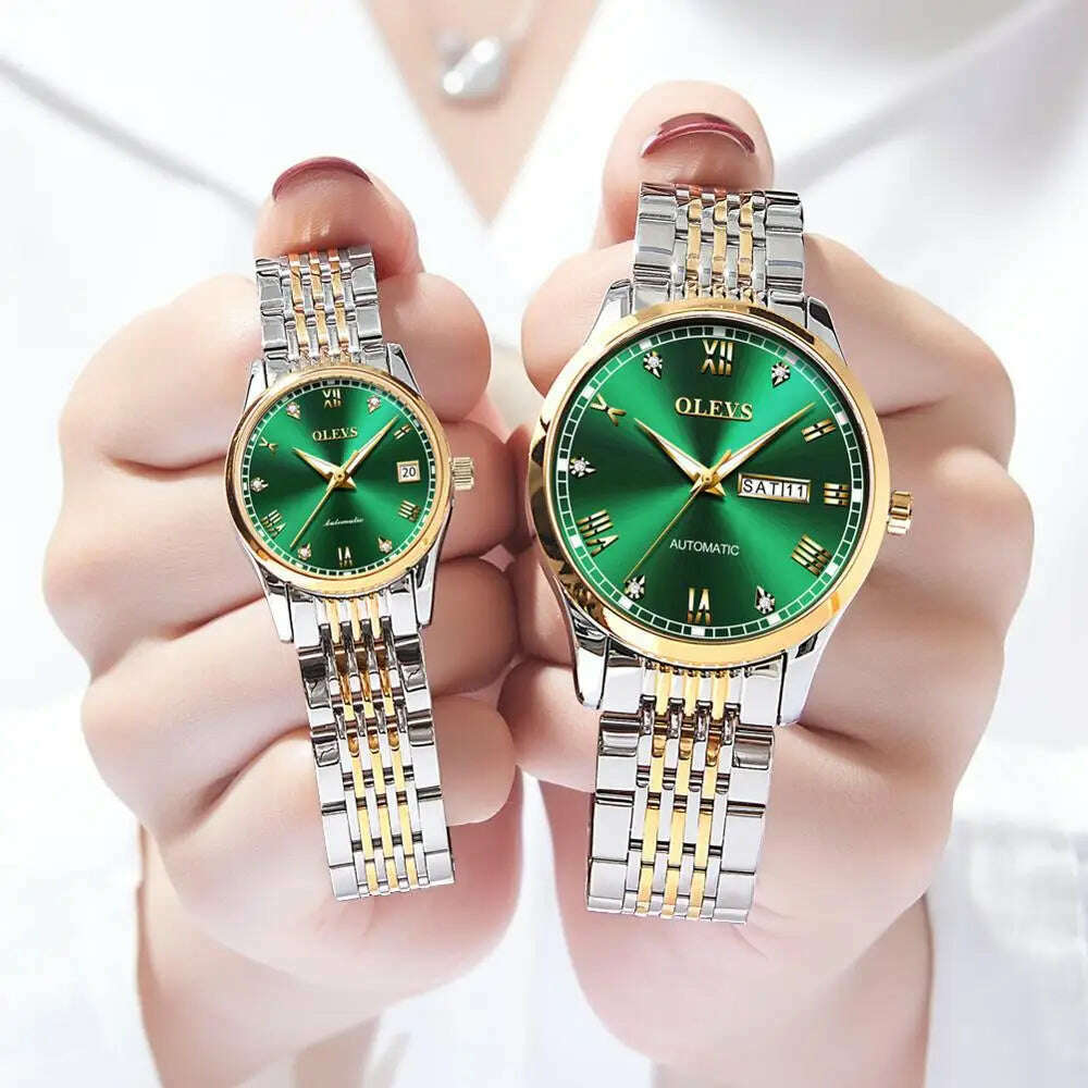 KIMLUD, OLEVS Couple Automatic Mechanical Watches Set for Her and Him Waterproof Men&#39;s And Women&#39;s Valentine&#39;s Day Watch Gift 6602 Hot, green face / China, KIMLUD Womens Clothes