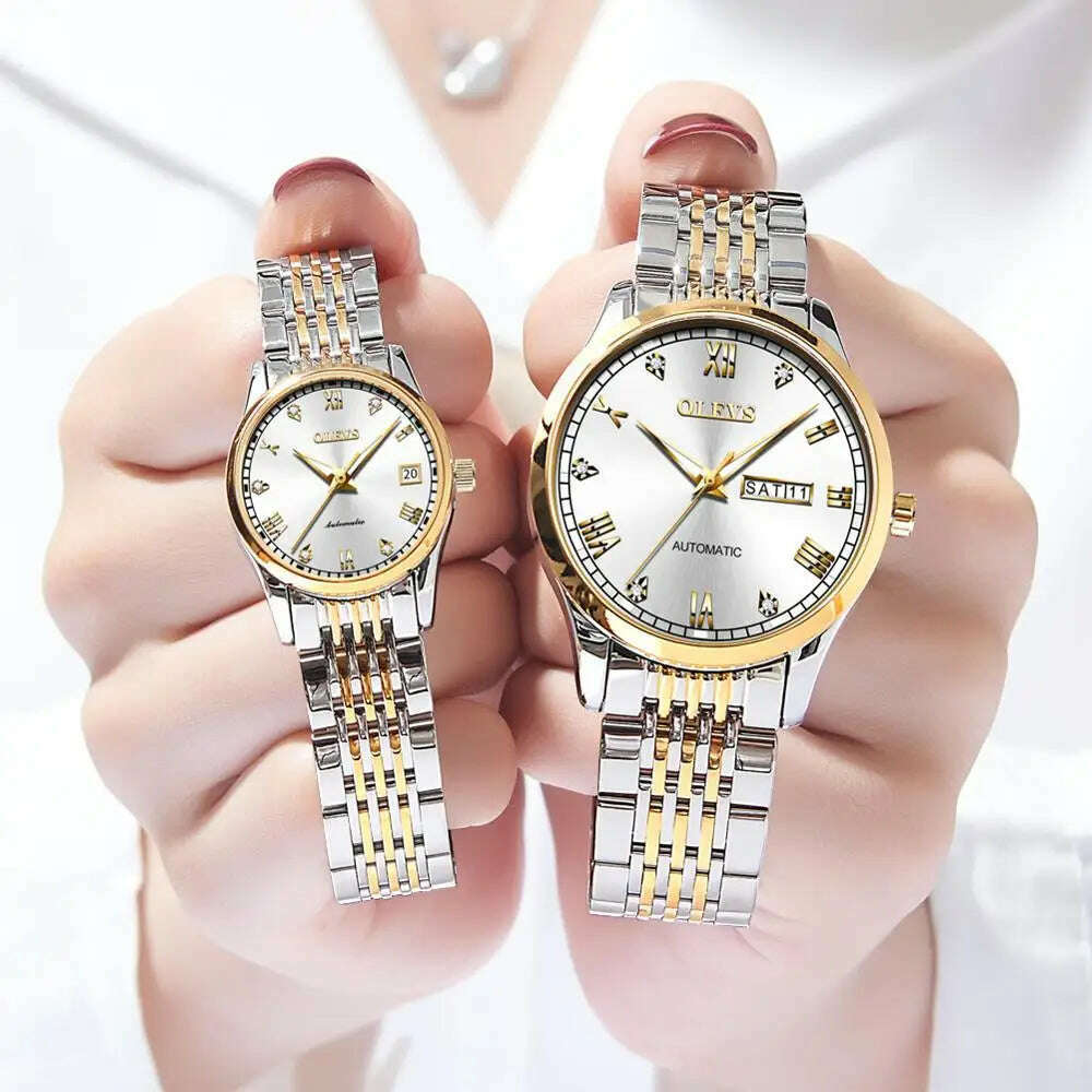 KIMLUD, OLEVS Couple Automatic Mechanical Watches Set for Her and Him Waterproof Men&#39;s And Women&#39;s Valentine&#39;s Day Watch Gift 6602 Hot, gold white face / China, KIMLUD Womens Clothes