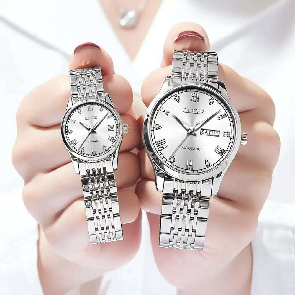KIMLUD, OLEVS Couple Automatic Mechanical Watches Set for Her and Him Waterproof Men&#39;s And Women&#39;s Valentine&#39;s Day Watch Gift 6602 Hot, white face / China, KIMLUD Womens Clothes