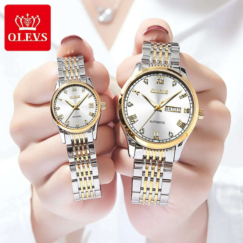 OLEVS Couple Automatic Mechanical Watches Set for Her and Him Waterproof Men's And Women's Valentine's Day Watch Gift 6602 Hot - KIMLUD