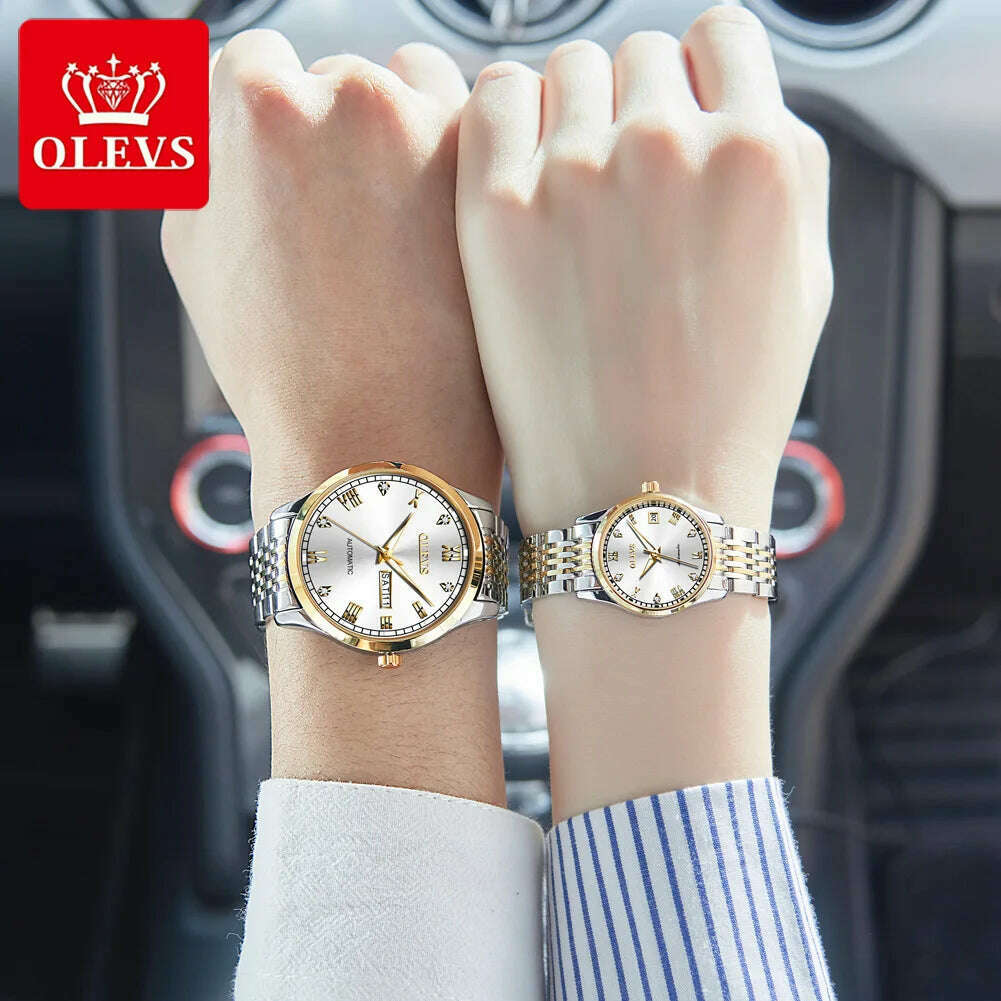 OLEVS Couple Automatic Mechanical Watches Set for Her and Him Waterproof Men's And Women's Valentine's Day Watch Gift 6602 Hot - KIMLUD