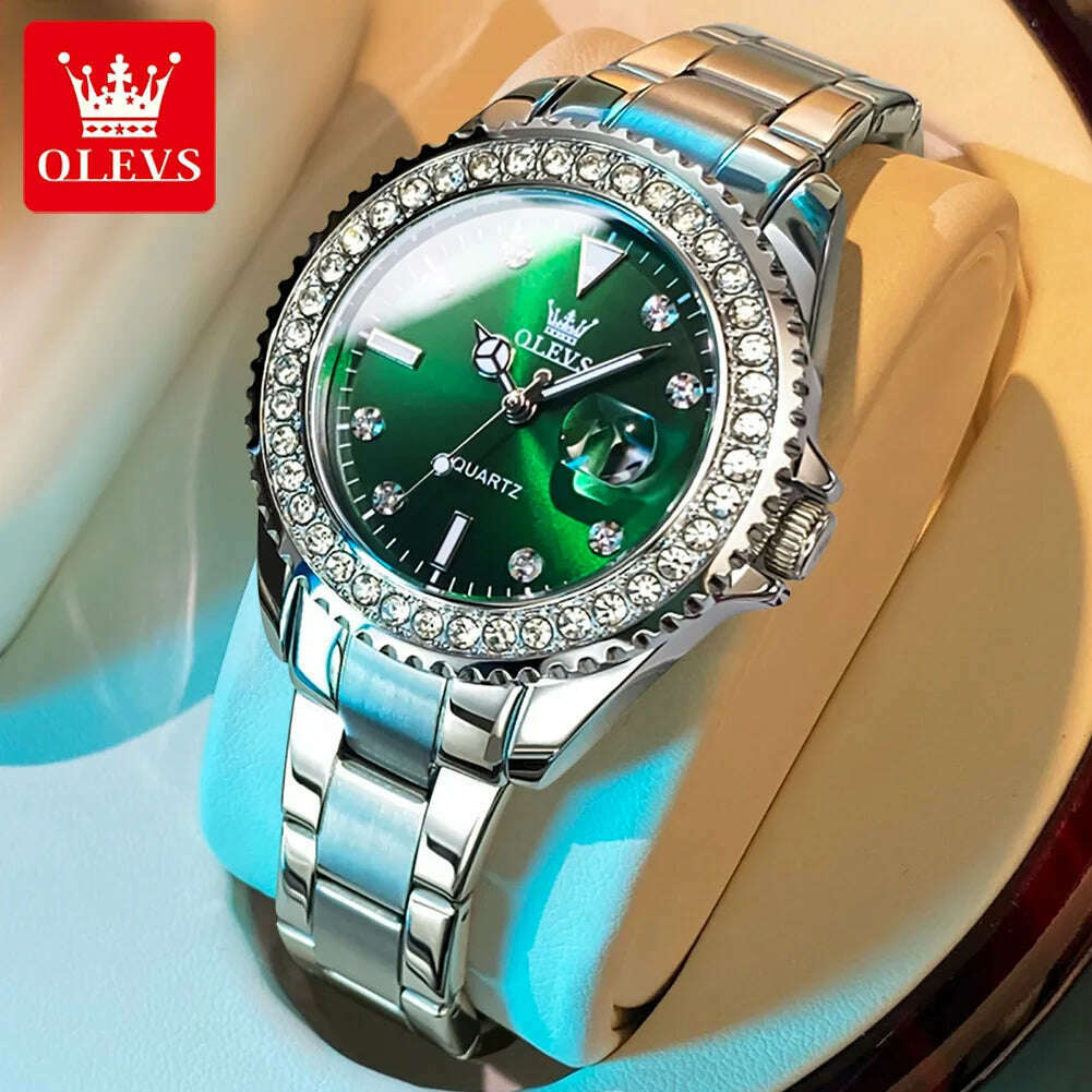 KIMLUD, OLEVS Original Women Watch Luxury Diamond Stainless Steel Waterproof Quartz Ladies Wristwatch Luminous Femme Watches Reloj Mujer, Silver Green, KIMLUD Womens Clothes