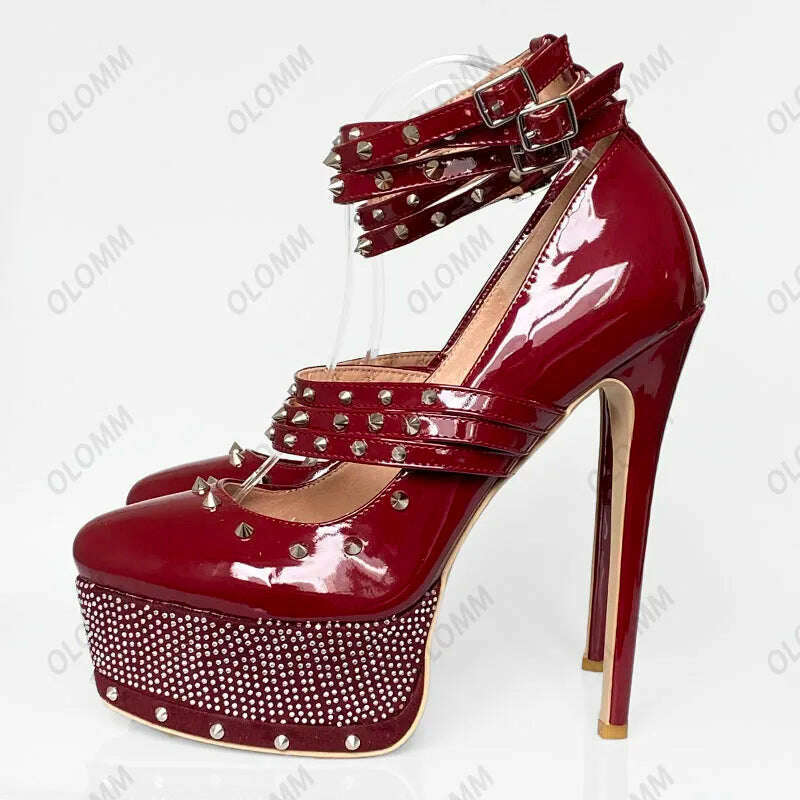 KIMLUD, Olomm Handmade Women Platform Pumps Sexy Studded Stiletto High Heels Round Toe Gorgeous Red Party Shoes Women Plus US Size 5-20, D2772 Wine Red / 5, KIMLUD APPAREL - Womens Clothes