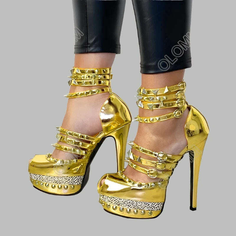 KIMLUD, Olomm Hot Women Platform Sandals Sexy Studded Thin High Heels Peep Toe Gold Champagne Black Silver Grey Party Shoes US Size 4-13, D2870 Gold / 4, KIMLUD APPAREL - Womens Clothes