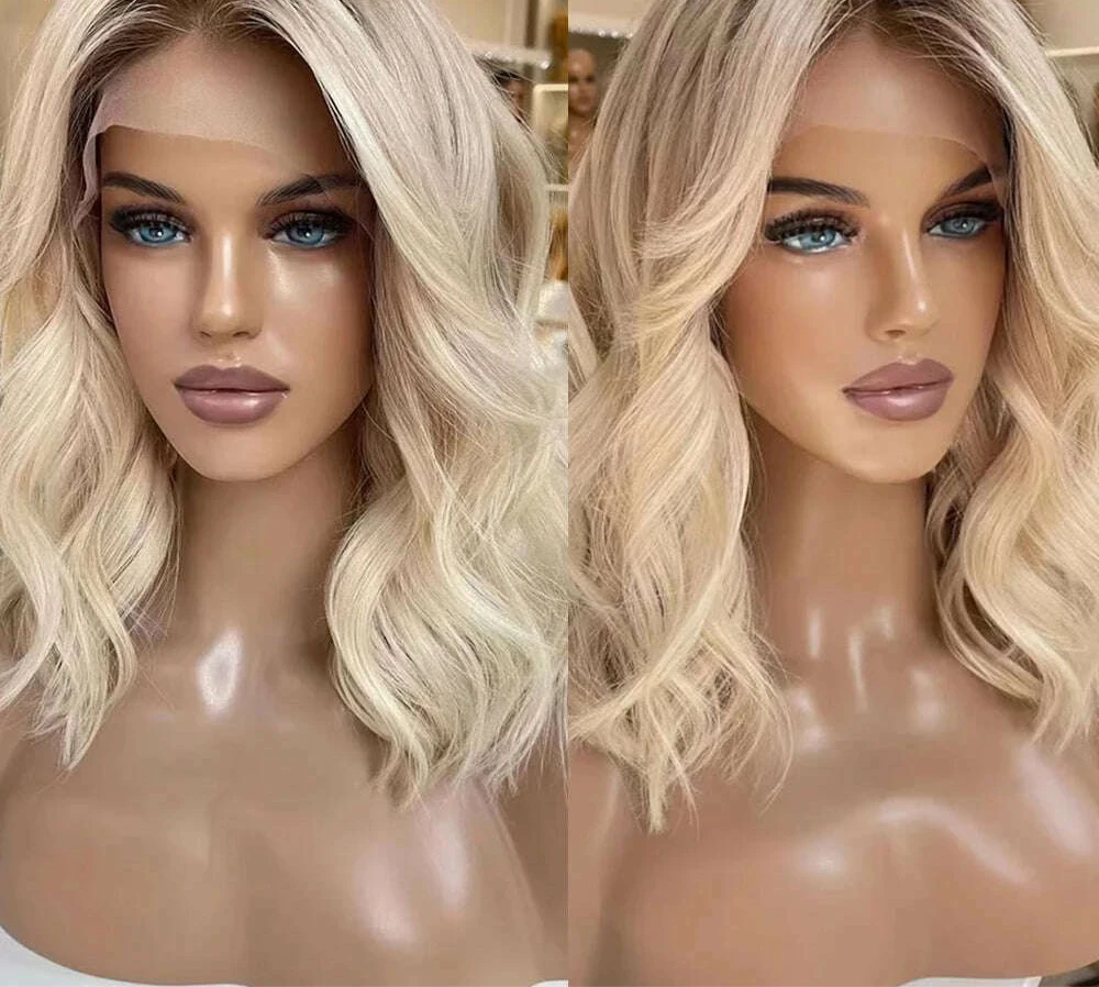 Ombre Colored Ash Blonde Color Short Bob Human Hair Wigs 13X4 Body Wave Lace Frontal Wig For Woman Pre Plucked Brazilian On Sale - KIMLUD