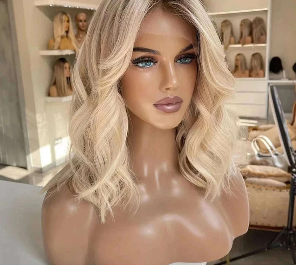 Ombre Colored Ash Blonde Color Short Bob Human Hair Wigs 13X4 Body Wave Lace Frontal Wig For Woman Pre Plucked Brazilian On Sale - KIMLUD