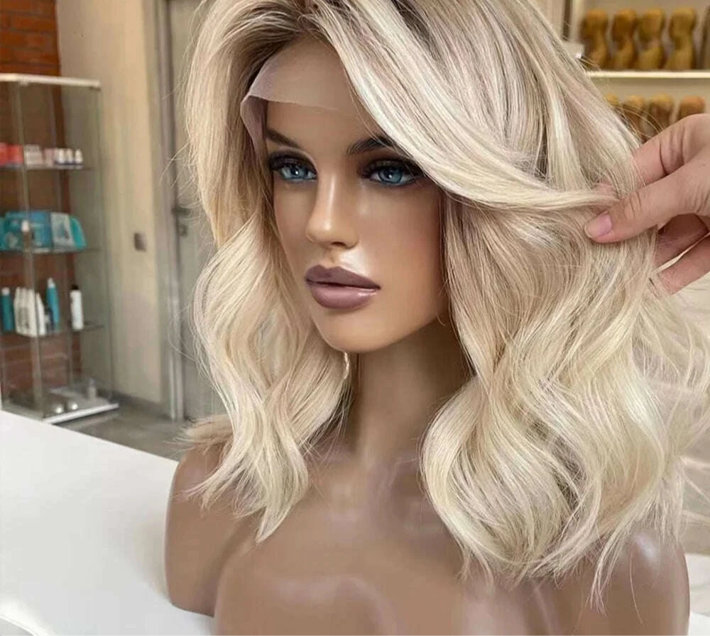 Ombre Colored Ash Blonde Color Short Bob Human Hair Wigs 13X4 Body Wave Lace Frontal Wig For Woman Pre Plucked Brazilian On Sale - KIMLUD