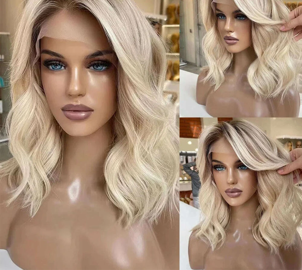 Ombre Colored Ash Blonde Color Short Bob Human Hair Wigs 13X4 Body Wave Lace Frontal Wig For Woman Pre Plucked Brazilian On Sale - KIMLUD