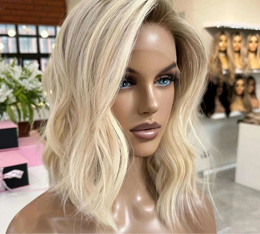 Ombre Colored Ash Blonde Color Short Bob Human Hair Wigs 13X4 Body Wave Lace Frontal Wig For Woman Pre Plucked Brazilian On Sale - KIMLUD