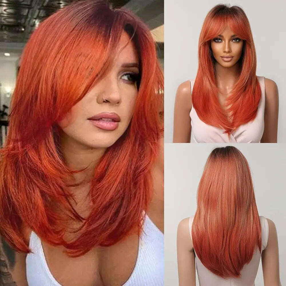 Ombre Red Black Cosplay Wigs for Women Long Straight Layered  display picture 2
