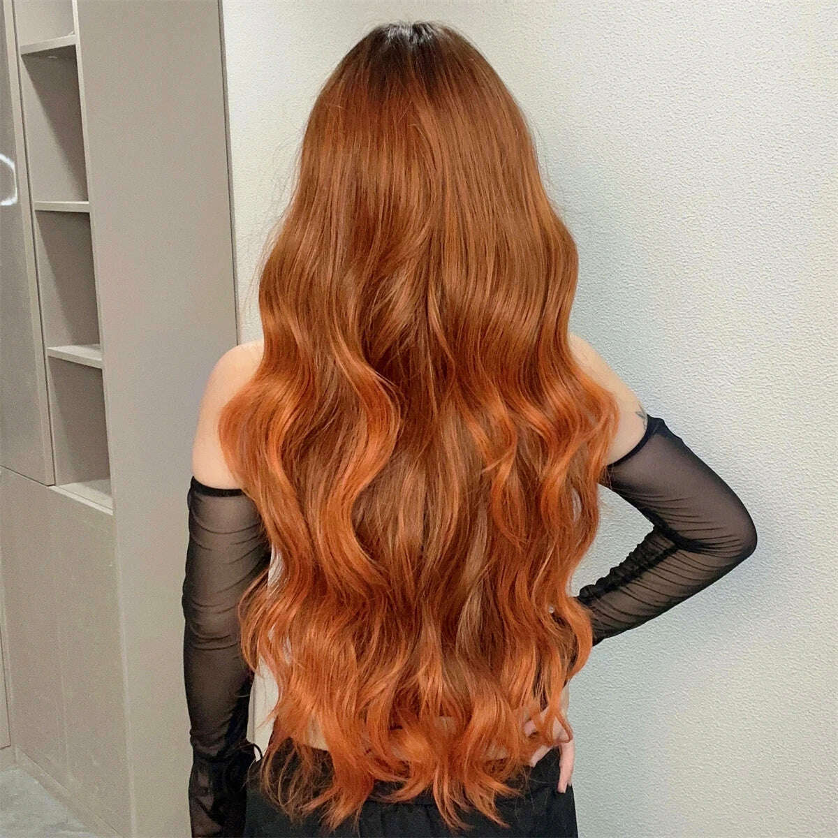Ombre Red Brown Synthetic Wig with Bangs Long Wavy Copper Brown Women Wigs Natural Hair Cosplay Daily Use Wig Heat Resistant - KIMLUD