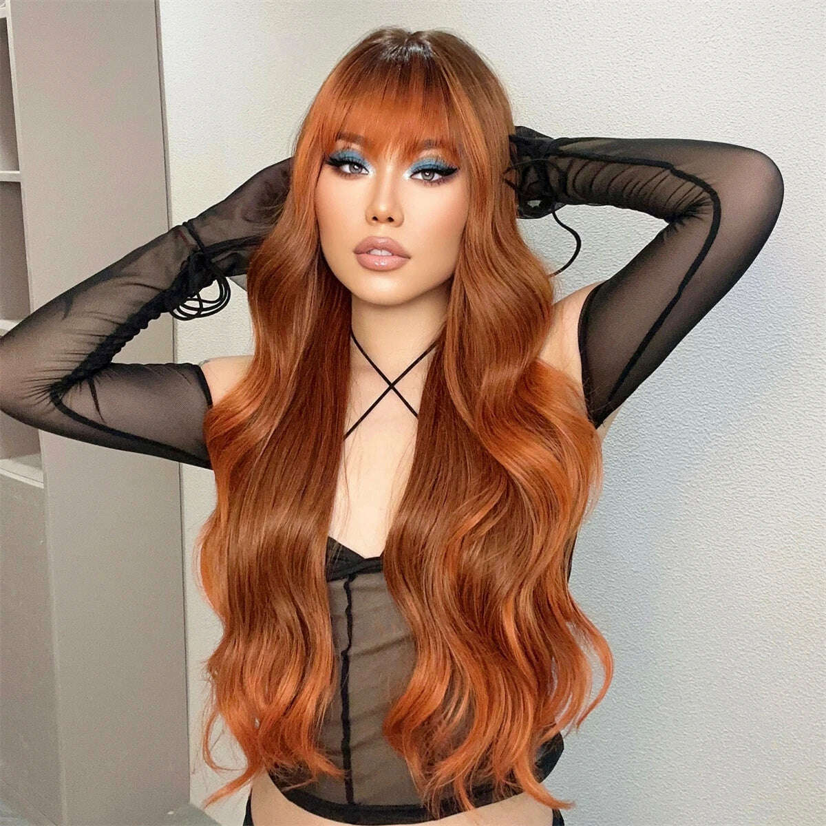 Ombre Red Brown Synthetic Wig with Bangs Long Wavy Copper Brown Women Wigs Natural Hair Cosplay Daily Use Wig Heat Resistant - KIMLUD