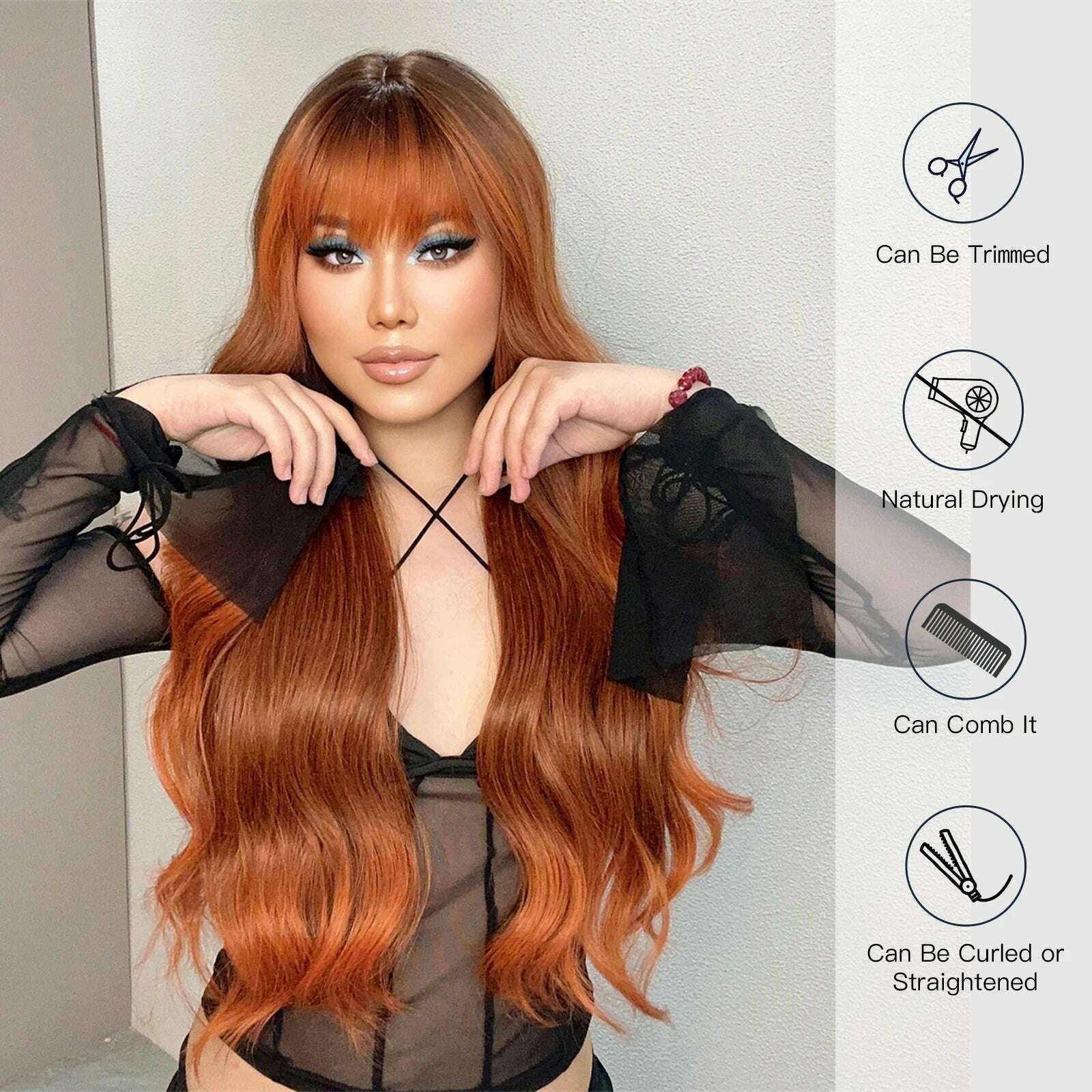 Ombre Red Brown Synthetic Wig with Bangs Long Wavy Copper Brown Women Wigs Natural Hair Cosplay Daily Use Wig Heat Resistant - KIMLUD